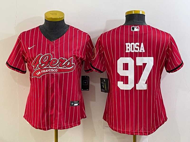 Women%27s San Francisco 49ers #97 Nick Bosa Red Pinstripe With Patch Cool Base Stitched Baseball Jersey